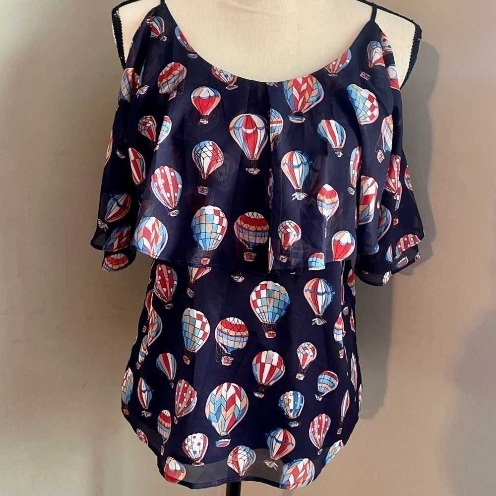Joy Joy | Navy Cold Shoulder Hot Air Balloon Blouse | XS